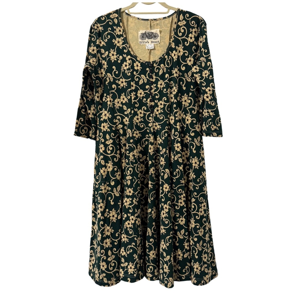 Effie's Heart Women Green Floral Jersey Cotton Dress Size L Pockets Bohemian